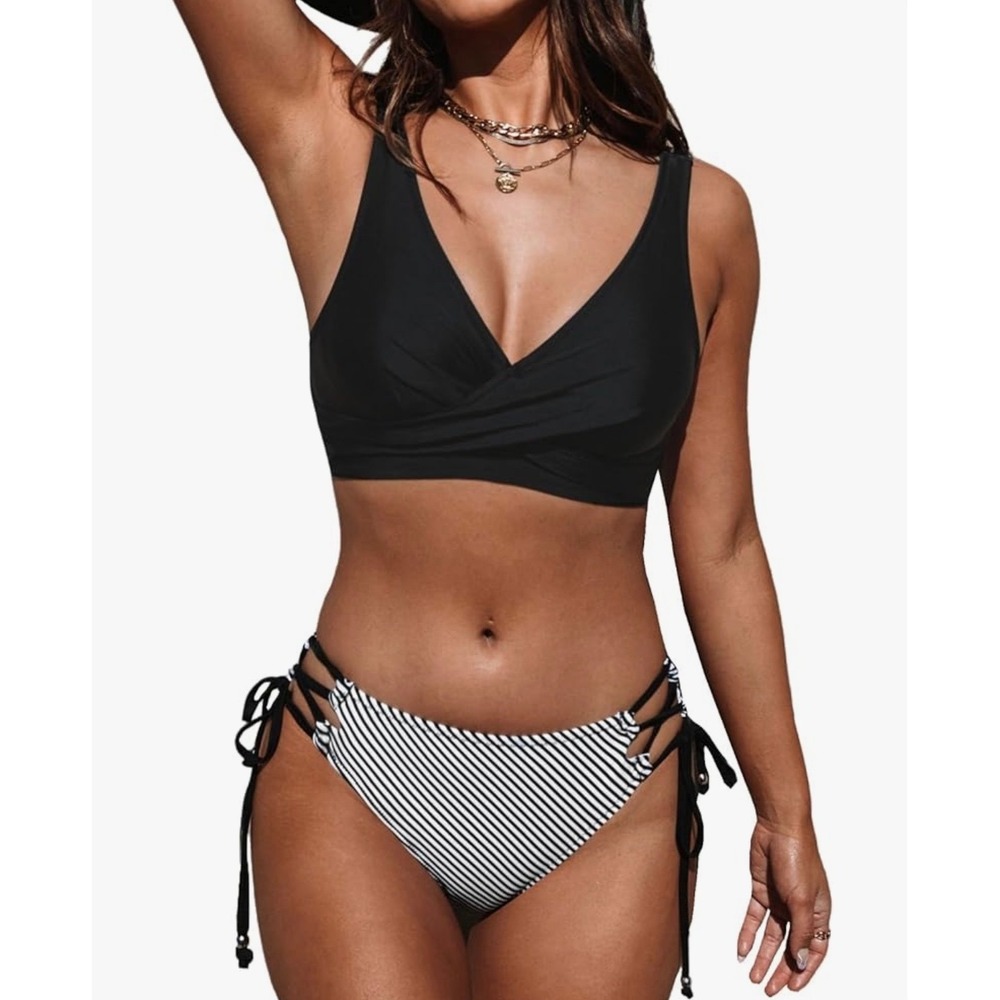 NEW Cupshe Black White XL Striped‎ Lace Up Bikini Set Two Piece Swimsuit